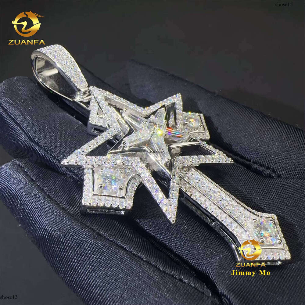 New Arrival Iced Out Hip Hop fashion Rapper Jewelry Sier Vvs1 Silicon Stone Star Cross Pendant For Men