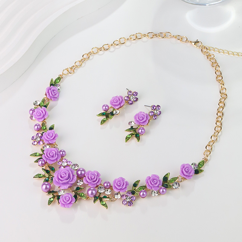2025 Summer Forest Garden Style Dainty Sweet Floral Leaf Rhinestone Faux Pearl Necklace Earring Set Fresh Charming Jewelry for Women