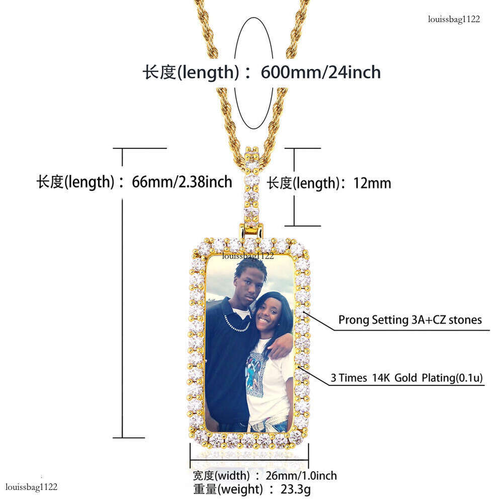 Trendy Double Row Inlaid Moissanite chain Square Frame Pendant Personality Hip-Hop Style Photo Memory Medal Necklace Jewelry