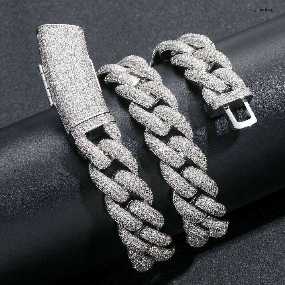 Hip Hop Necklace 20mm Long Clasp Four Row Cubic Moissanite chain Cuban Chain Personality Men's Trendy Fashion Versatile