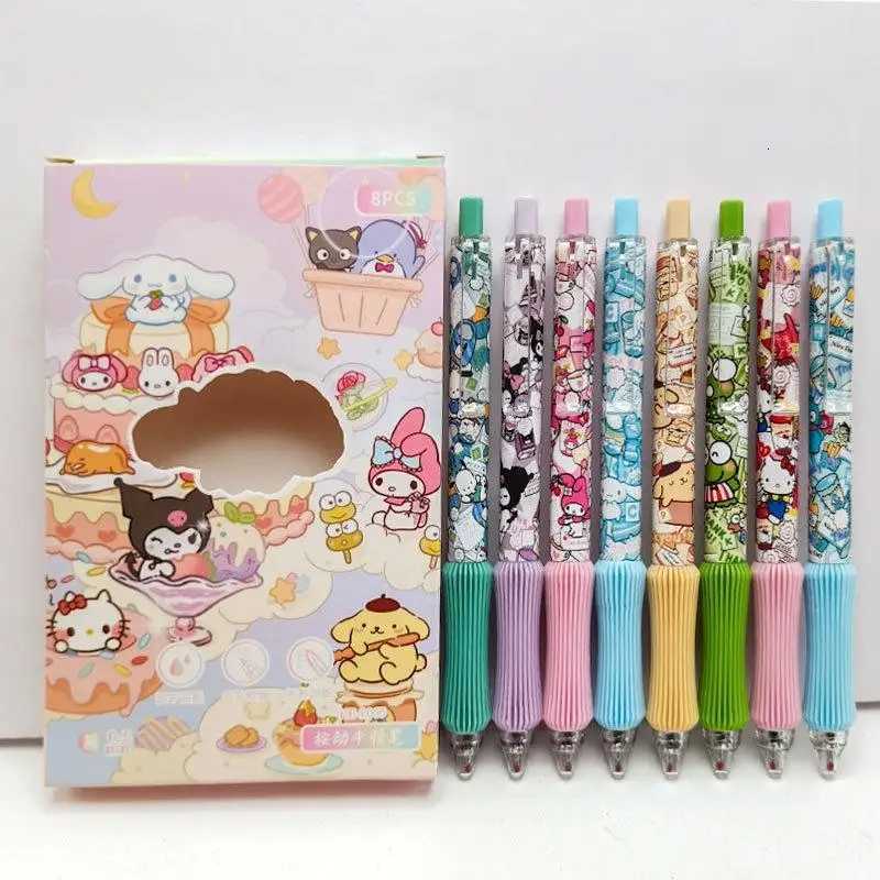 Sanrio 8Pcs Kawaii Sanrio Gel Pen Cartoon Hello Kitty Kuromi Cinnamoroll Melody Press 0.5 Black Pens Student Stationery School Supplies w250809