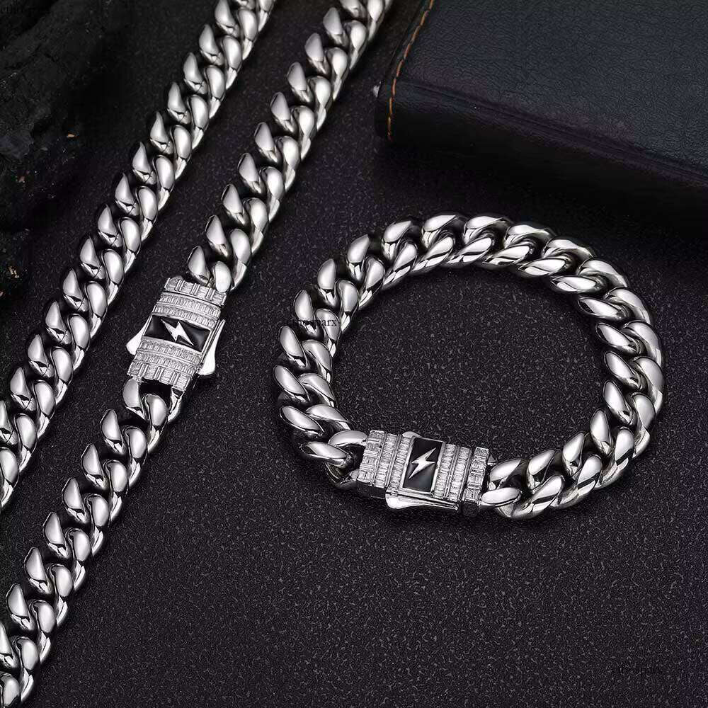 Men's Miami Hip Hop Cuban Bracelet Stainless Steel with Gold Plated Baguette Lighting Clasp Fine Jewelry in Bracelets