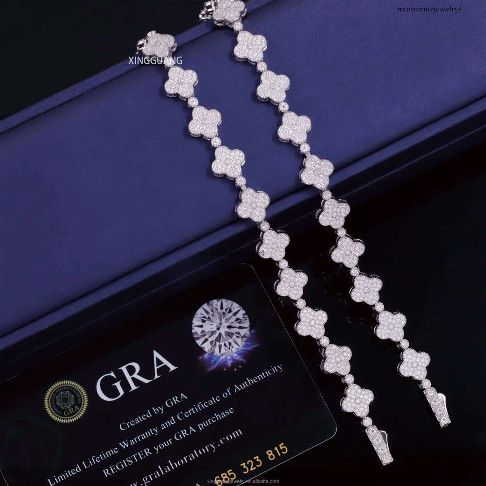 Fashion Style Moissanite 9mm Wide Hip Hop Women Fine Jewelry S Sier VVS Dia Clover Bracelet