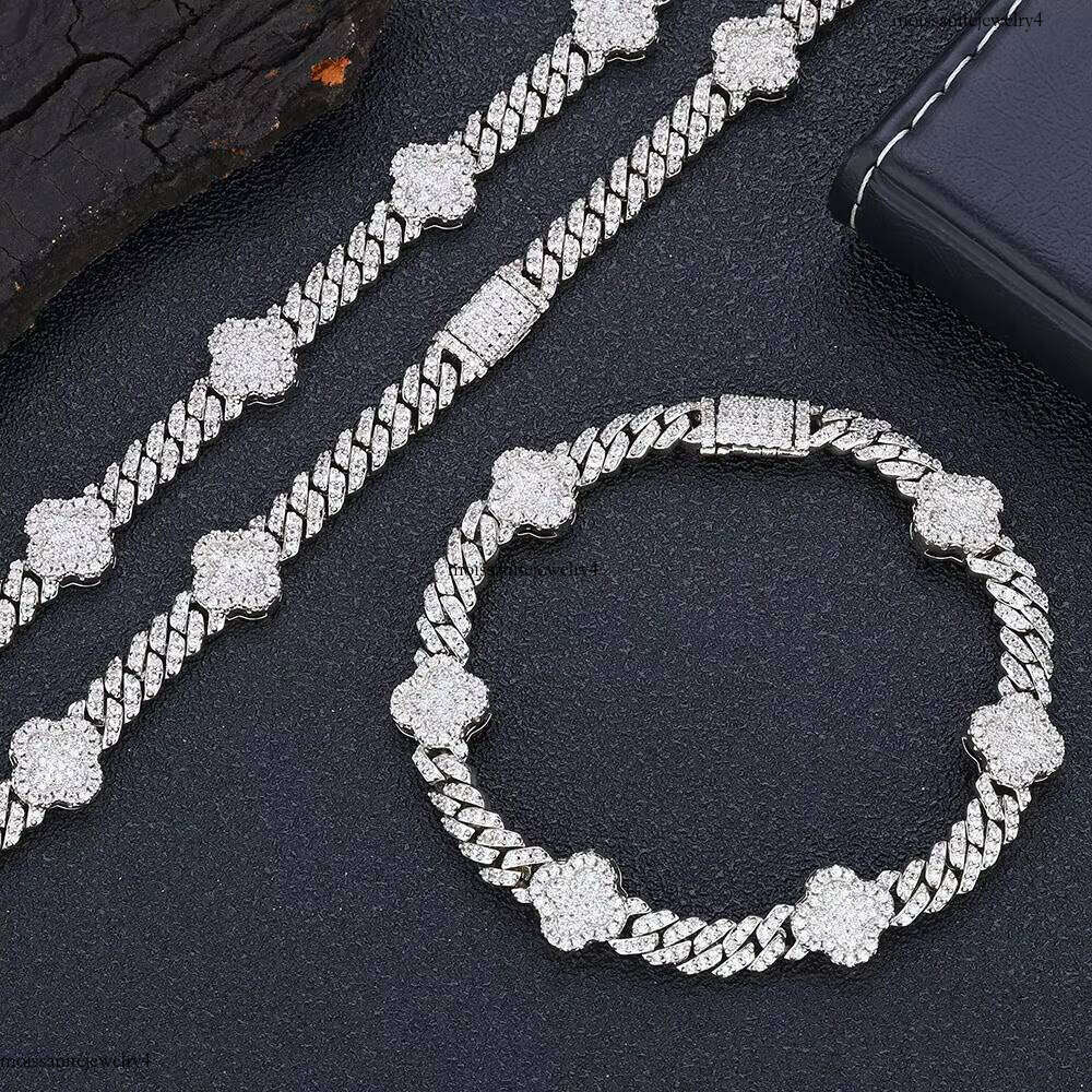 NUOYA Women 6MM Bracelet with Four Leaf Clover White Gold Plated Dia Prong Cuban Link Chain Jewelry