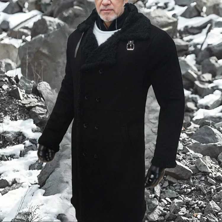 New Mens Coat Faux Suede Lamb Wool Coat Long Sleeve Double Breasted Pockets Parka Jacket XJ250809