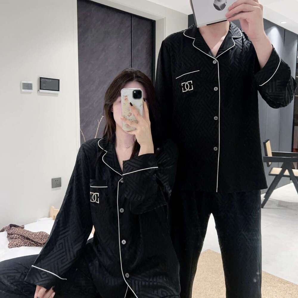 Spring Autumn Couple Pajamas Set Women, Long Sleeve Ice Silk Embroidered Jacquard Waffle Solid Color Thin Homewear For Men And Women