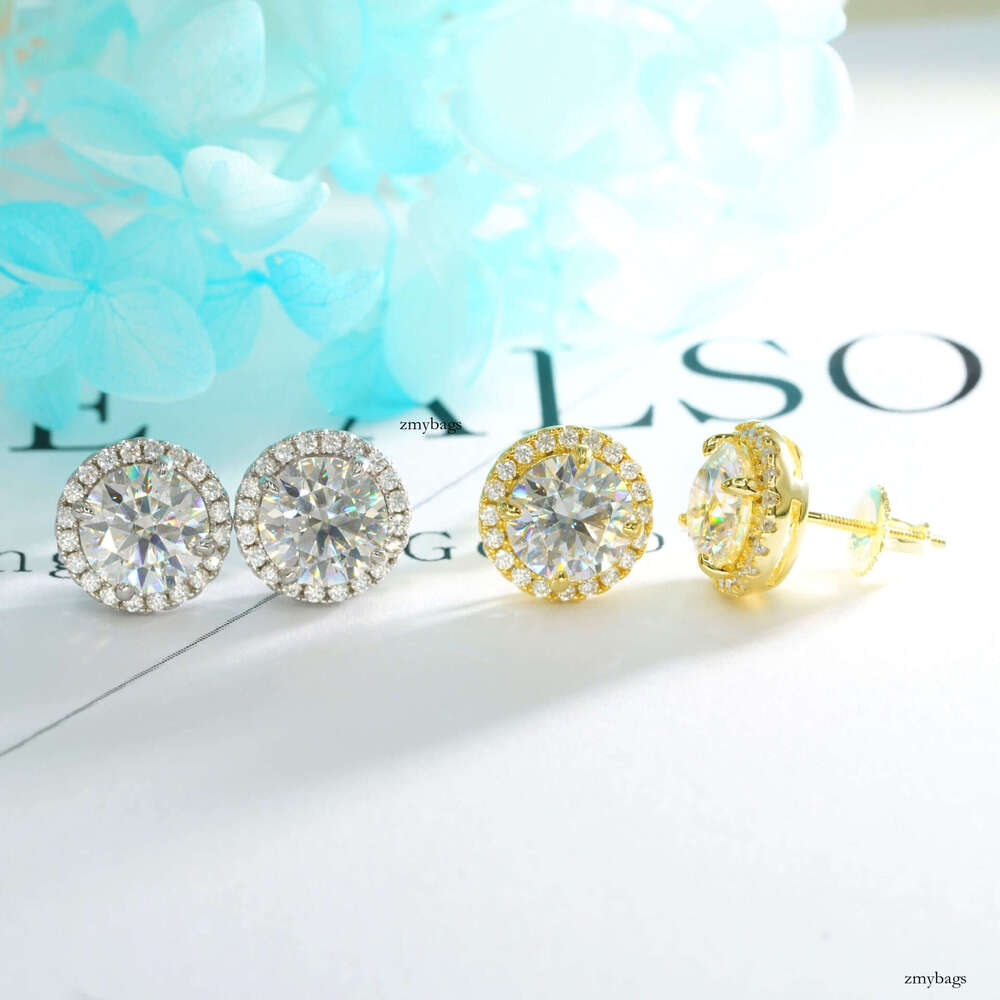 INS New Iced Out VVS Inlaid 8.0mm Moissanite Round Simple Stud Earrings