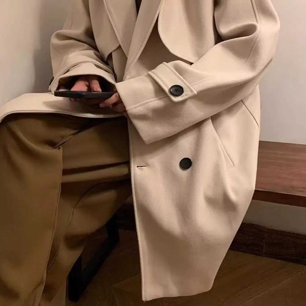 Men Solid Color Coat Stylish Mens Double-breasted Woolen Coat with Pockets Casual Mid-length Outerwear for Autumn Winter for A XJ250809