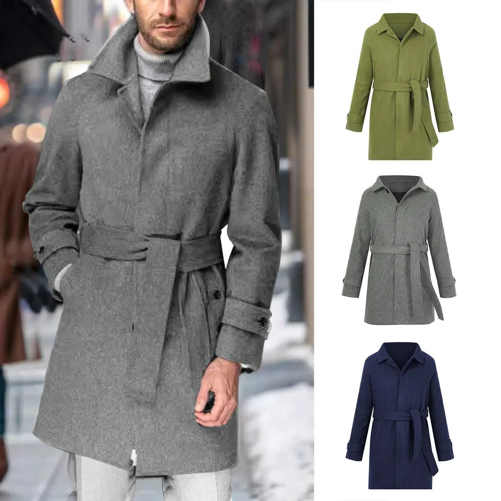 Vintage Woolen Windbreaker Mens Trench Coats Fall Winter Outdoor Fashion Lapel Buttoned Belt Mid Jackets Mens Casual Outerwear XJ250809