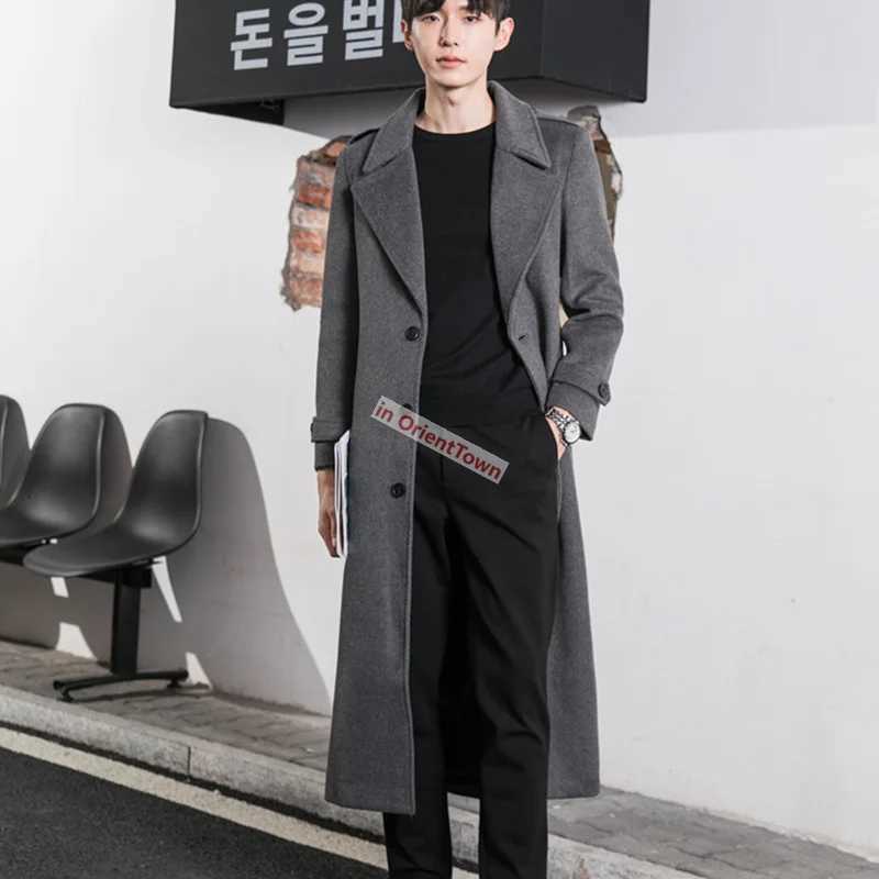 Black Hong Kong Trend Extra Length Overcoat Loose Handsome Over the Knee Trendy Casual Long Jacket Men Woolen Trench Coat in001 XJ250809