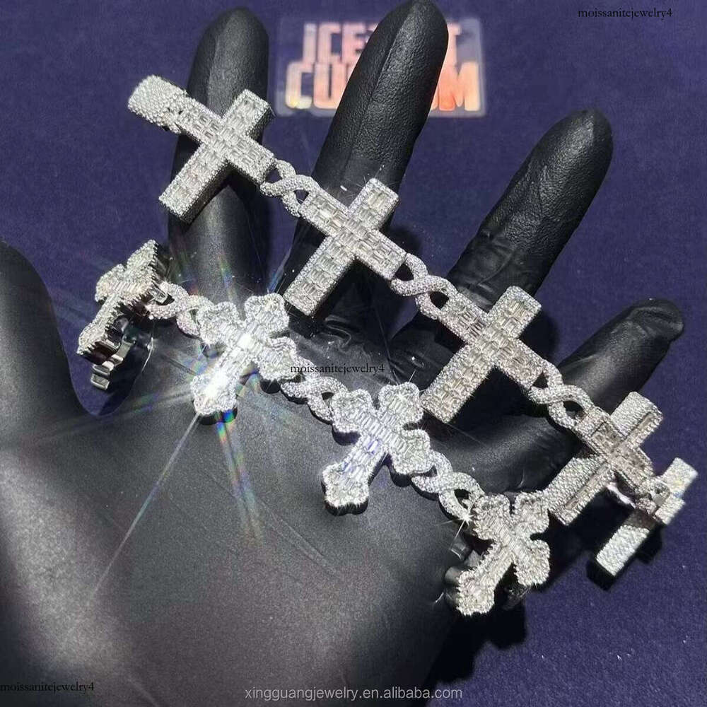 Cross Dia Hip Hop Chain Bracelet VVS Moissanite GRA Colorful 5A CZ Sterling Sier Gold Plate Fine Jewelry Bracelets