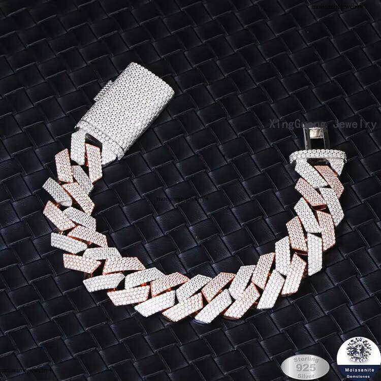 20 mm Wide 4 Rows 2 Tones Hip Hop Cuban Link Chain Bracelet Moissanite Sterling Sier Gold Plate Fine Jewelry Bracelets