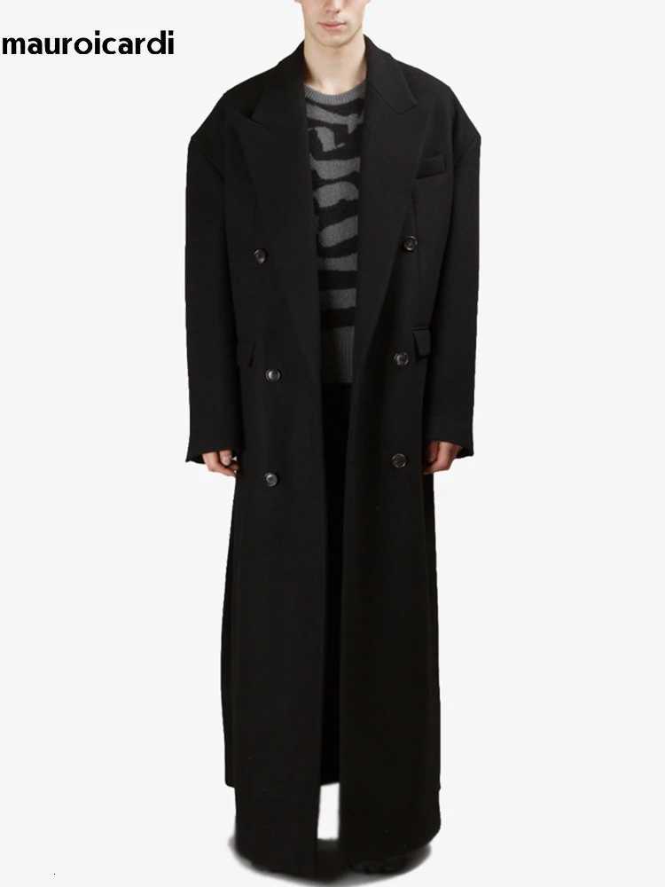 Mauroicardi Autumn Winter Extra Long Black Oversized Thick Warm Soft Wool Blends Coat Men Double Breasted Korean Fashion 2023 XJ250809