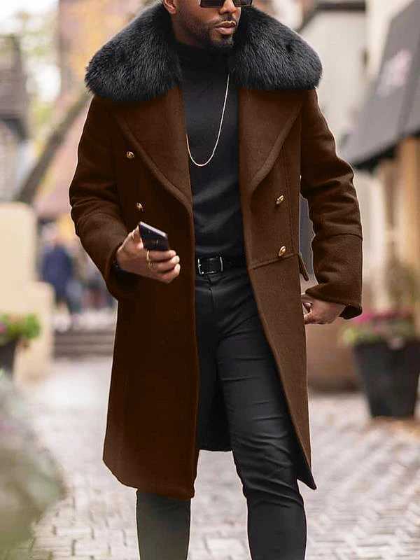 European Size Mens Autumn and Winter Casual Coat Double-Breasted Fur Collar Coat Mid-Length Windbreaker XJ250809