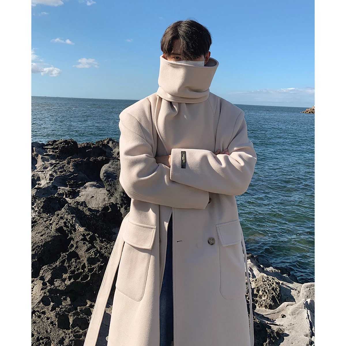 Men Woolen Coat Autumn Winter Fashion Trend Korean Fashion Versatile Thickened Double Breasted Long Solid Color Mens Trench XJ250809