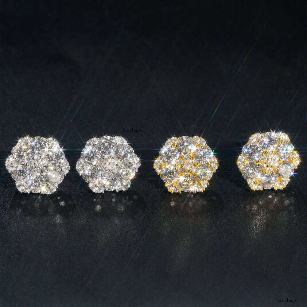INS New Iced Out VVS Inlaid Moissanite Hexagonal Flower 13.5mm Stud Earrings