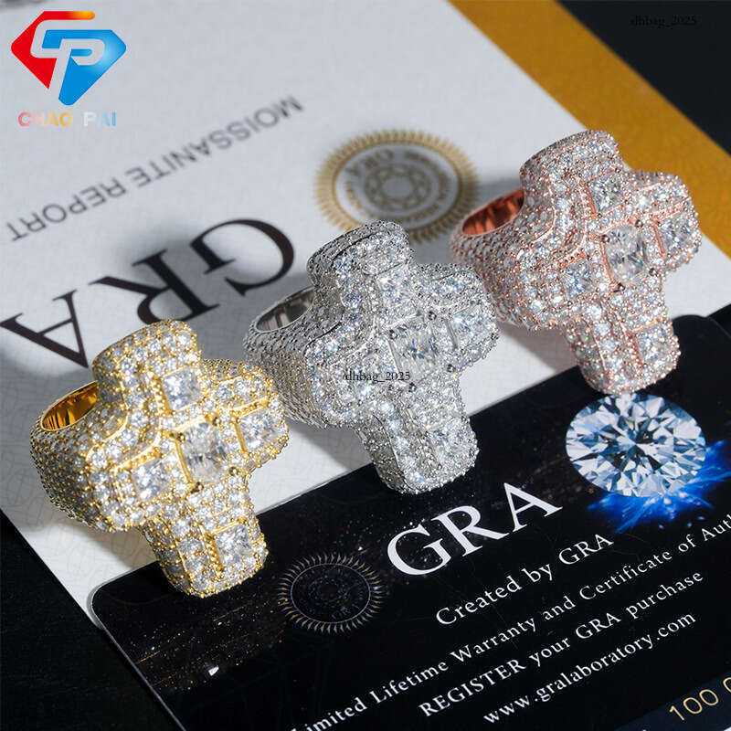 ICED OUT Silver Moissanite Cross Hip-Hop Ring Fashion Trendy Essential