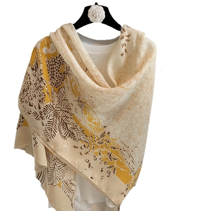 New Designer High end Scarf 2025 Linen Scarf Women's Large Square Scarf Thin Silk Scarf Outdoor Shawl Yellow Flower Big Shawl
