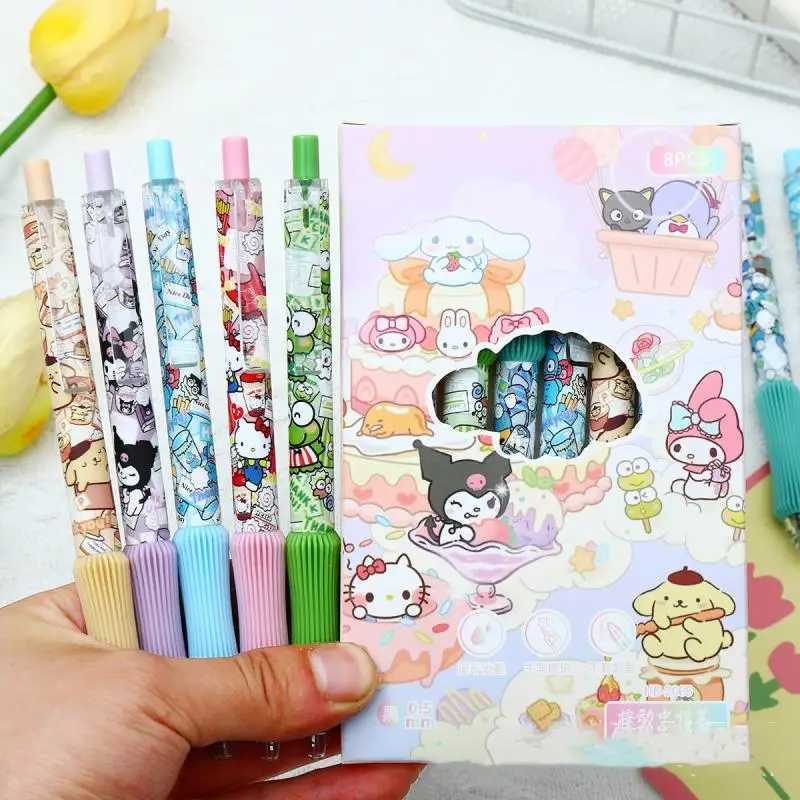 Sanrio 8Pcs Kawaii Sanrio Gel Pen Cartoon Hello Kitty Kuromi Cinnamoroll Melody Press 0.5 Black Pens Student Stationery School Supplies w250809
