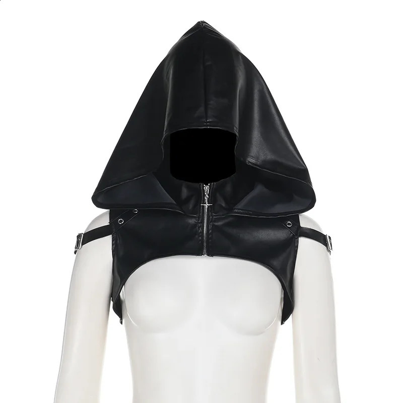 Goth Dark Punk Style Sleeveless Zip Hooded Crop Tops Women Cyber Y2K Faux Pu Leather Hoodies Smock Mall Gothic Streetwear 250809