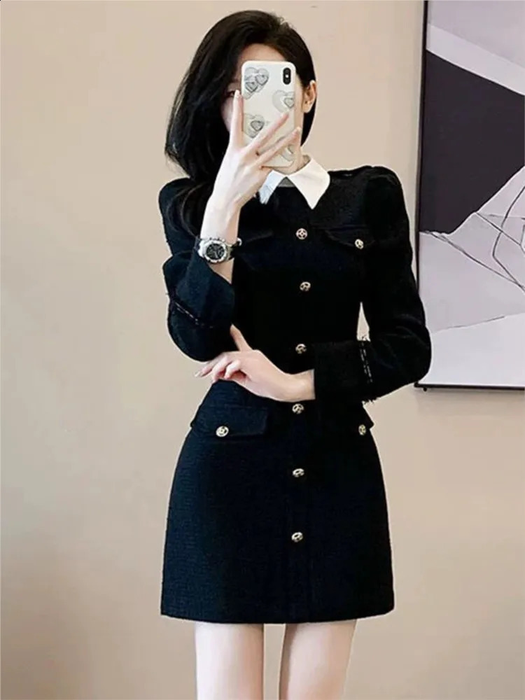 Lady Elegant Tweed Short Dress For Women Turn Down Collar Metal Buttons Autumn Dress Slim High Waist Black Fashion Dress 250801