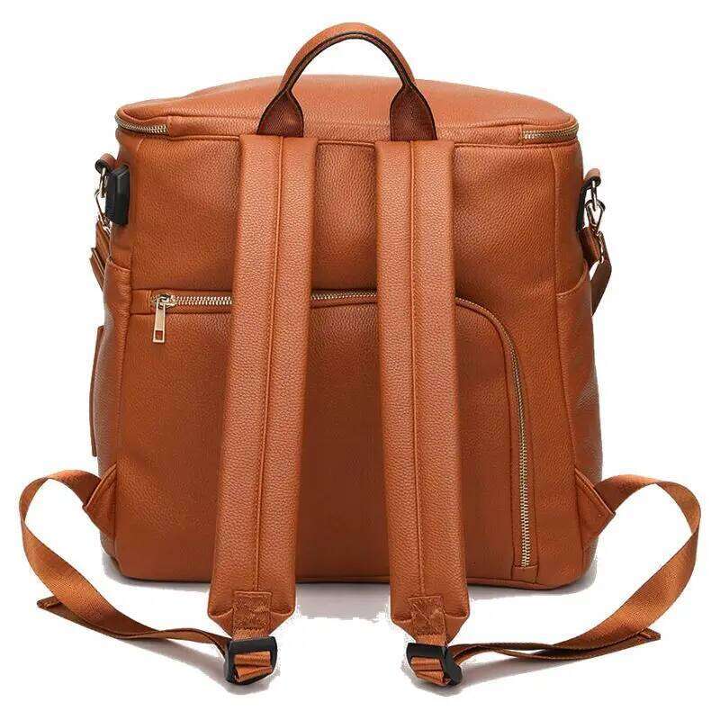 Baby Diaper Backpack Solid PU Leather Mummy Maternity Bag Large Capacity Travel Back Pack Stroller Bags with Changing Pad
