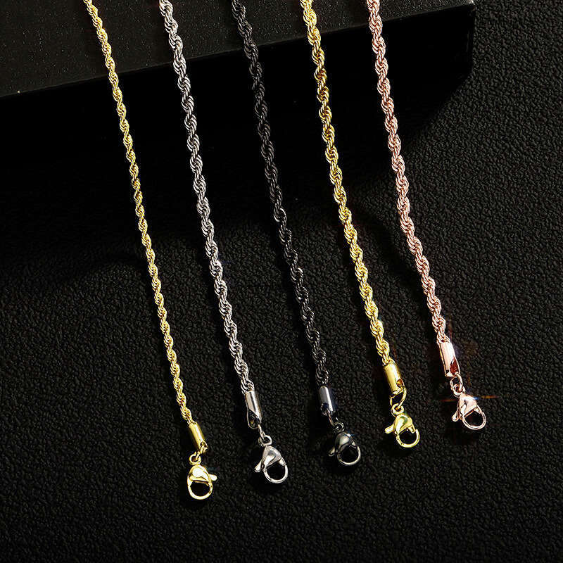 Hip Hop Plain Chain 3mm Dense Sterling Silver Twist Necklace Color Retention Electroplated Twisted Rope Bracelet