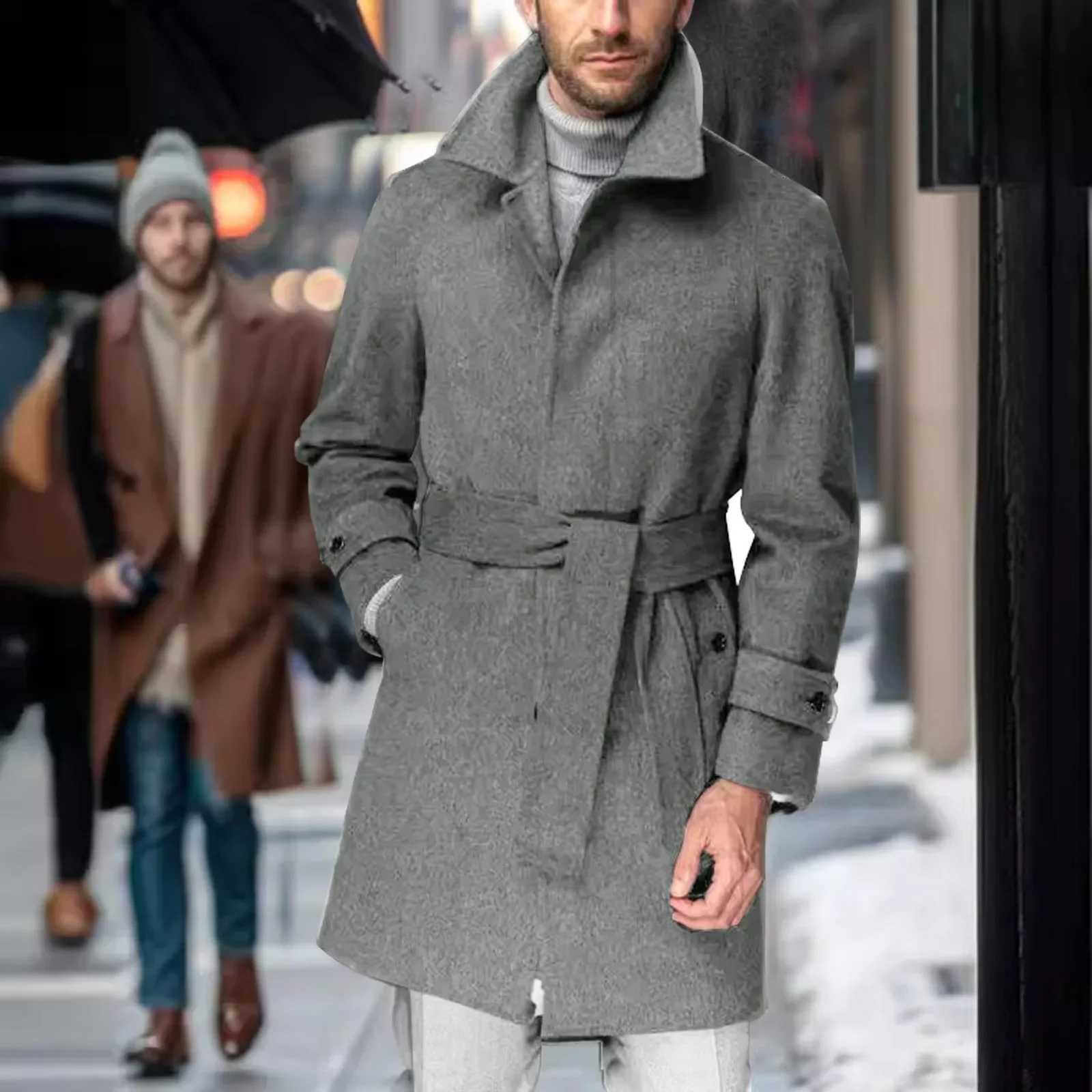 Vintage Woolen Windbreaker Mens Trench Coats Fall Winter Outdoor Fashion Lapel Buttoned Belt Mid Jackets Mens Casual Outerwear XJ250809