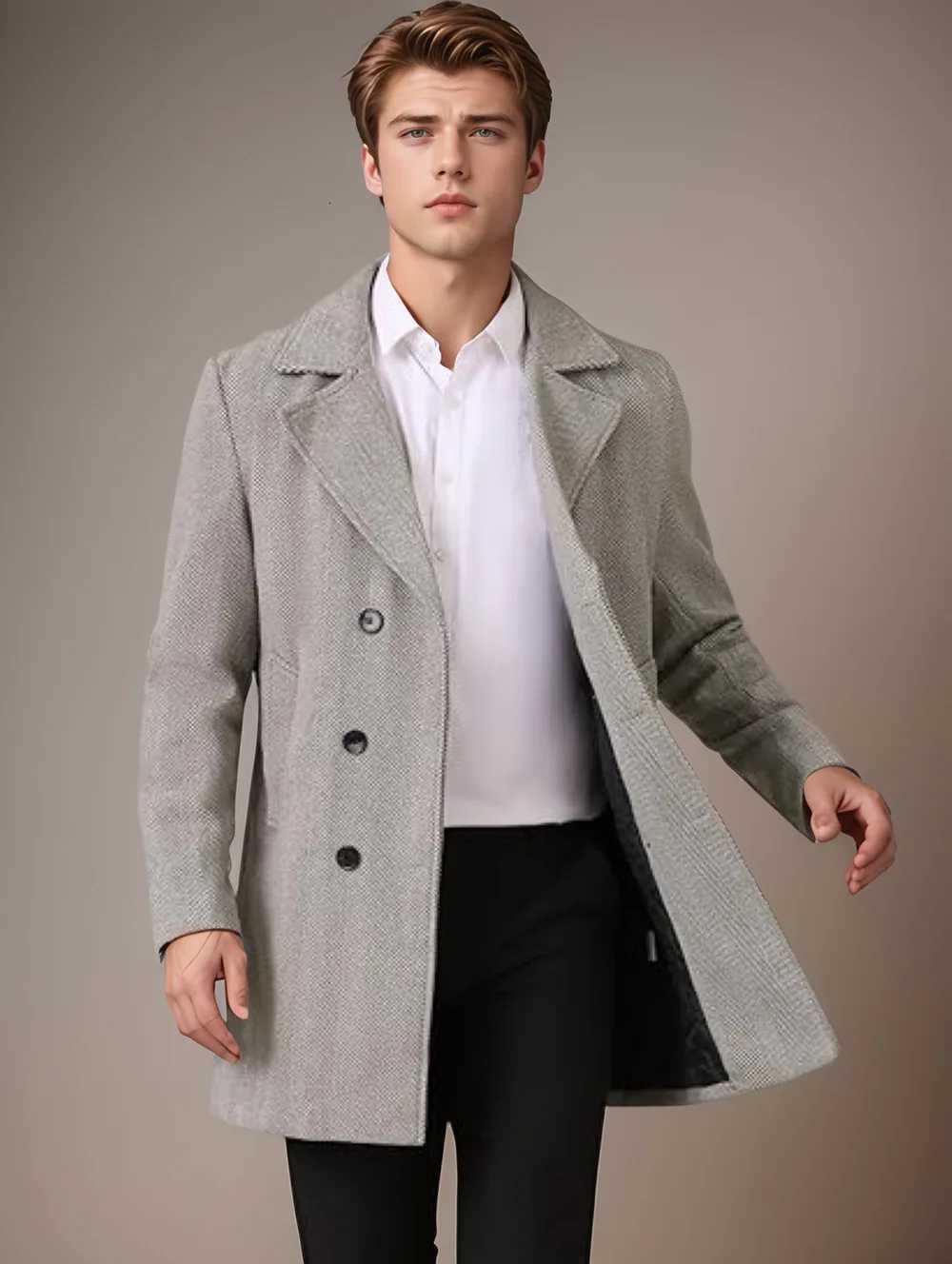 Cross-border New Mens Mid-Length Wool Coat Plus Cotton Thickened Autumn and Winter Mens Plaid Double-Breasted Wool Coat Jacket XJ250809