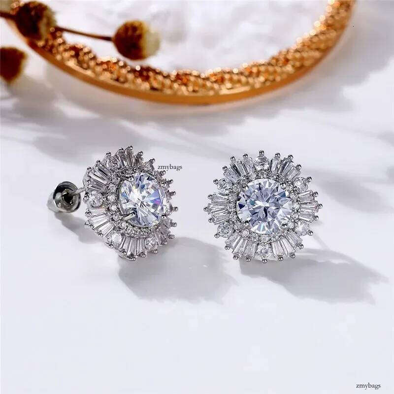 Sparkling Drop Ship Stud Earrings Jewelry Sterling Sier Round Cut White 5A Cubic Zircon Party Eternity Women Wedding Snow Flower Earring Gift