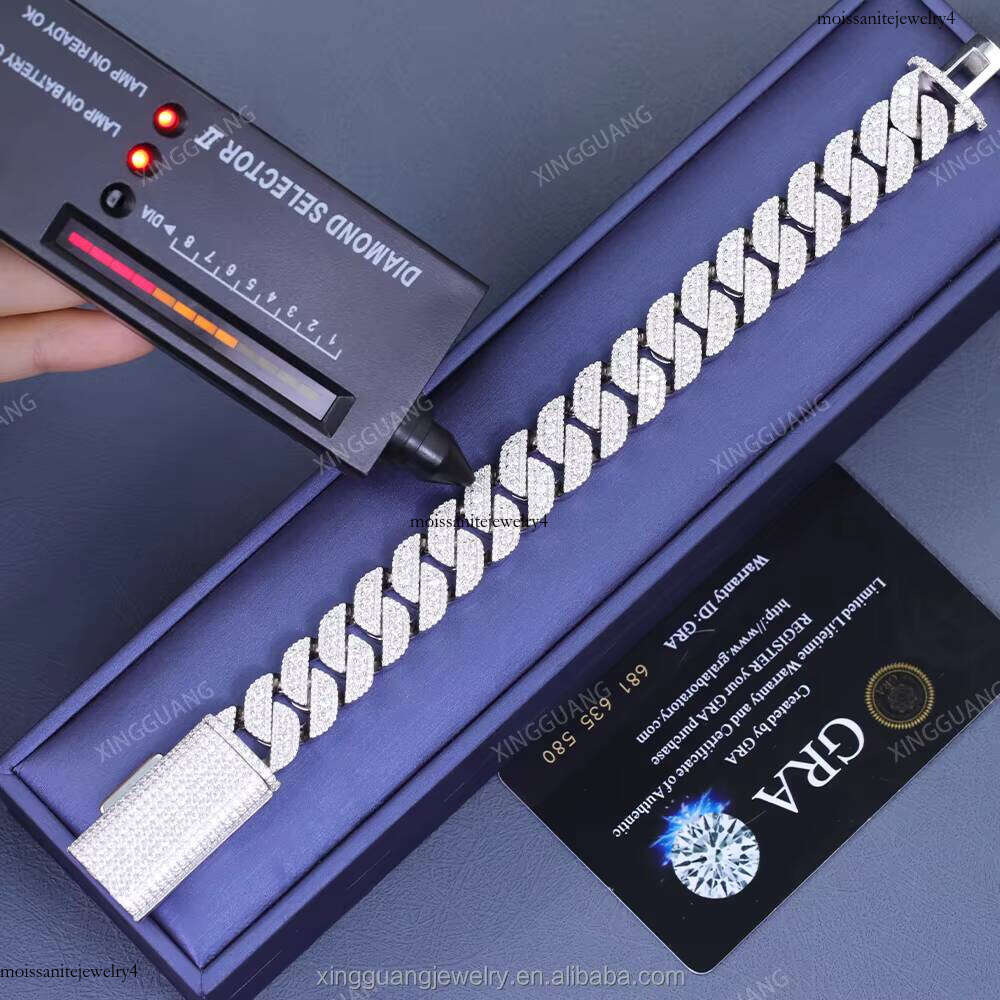 Hot Sale Hip Hop 15mm VVS Dia Cuban Link Chain GRA Moissanite Sterling Sier Gold Plate Fine Jewelry Bracelets