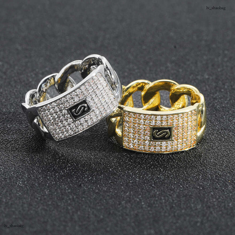 Unique Fashion Hip-Hop Geometric Zircon 14K Gold Full Diamond Cuban Chain Design Trendy Ring