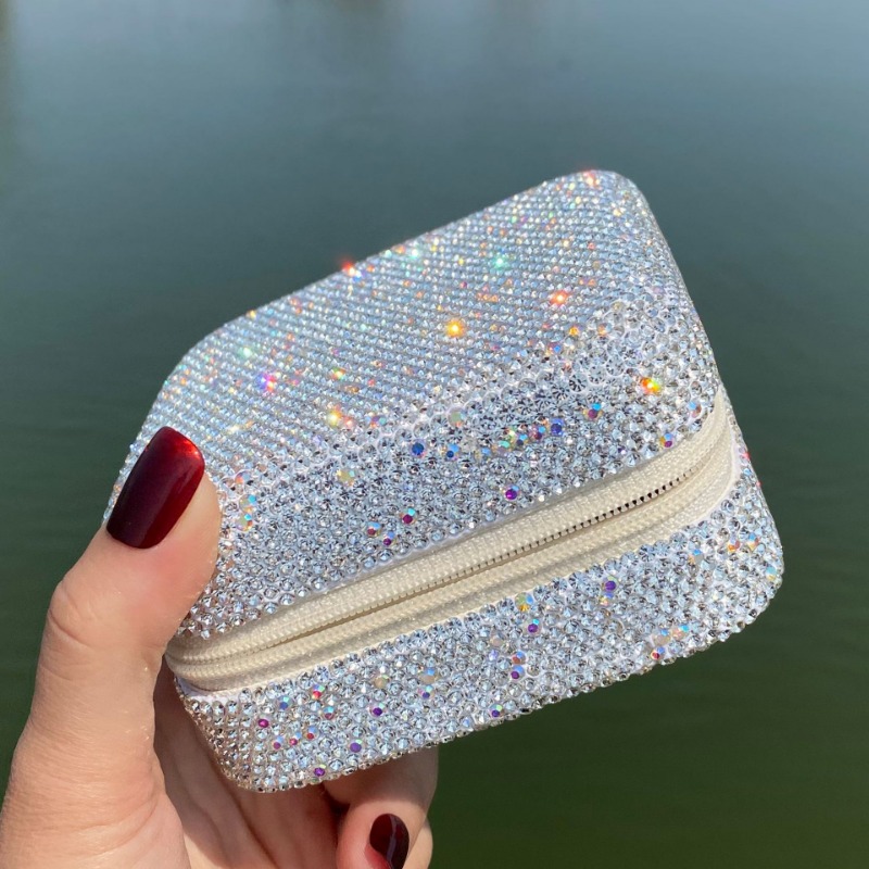 Elegant Diamond Decorated Storage Container with Mirrored Interior for Jewels