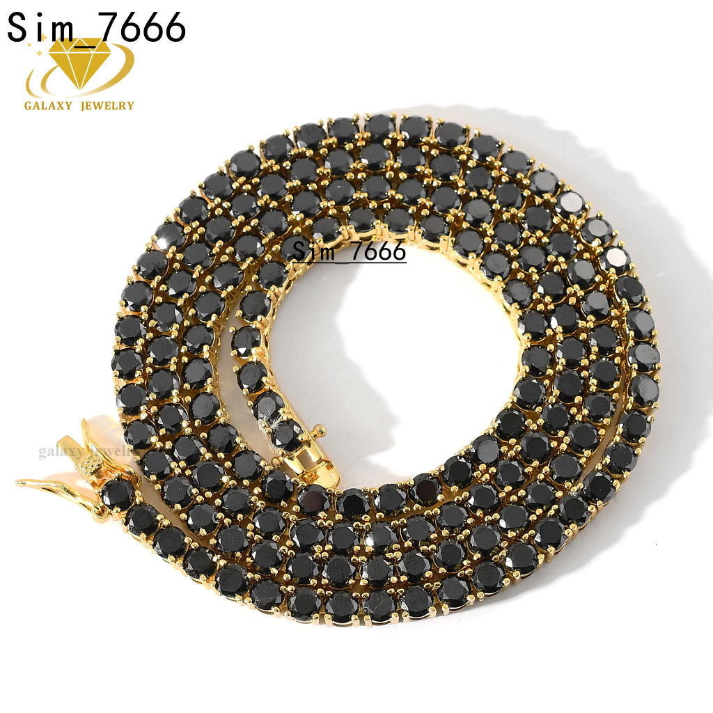 Real Pass Diamond Tester Black Moissanite Diamond Men Tennis Chain 1 Row Iced Out 3-5mm Gold Plated 925 Silver Bracelet Necklace