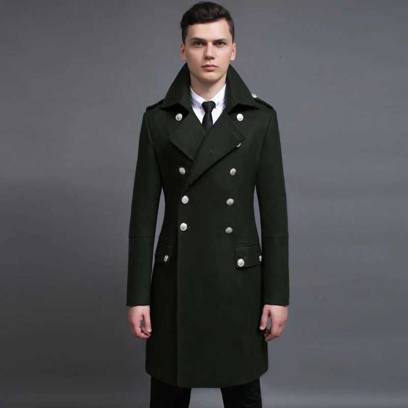 Mens Double Breasted Military Army Wool Coat Plus Size Thick Cashmere Work Business Solid Slim Pea Coat Winter Fashion XJ250809