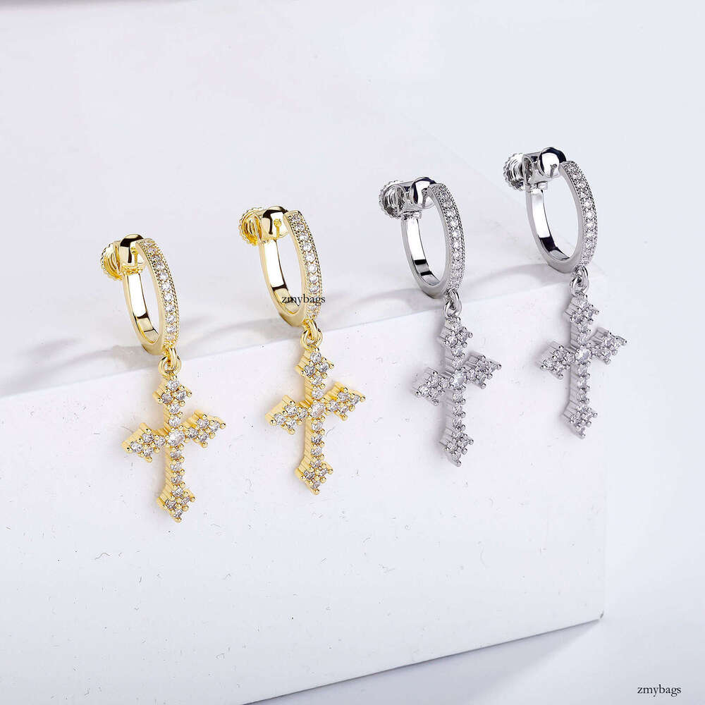 Painless Threaded Ear Clip Round Circle Inlaid Dia No Piercing Men's Cross Personality Earrings