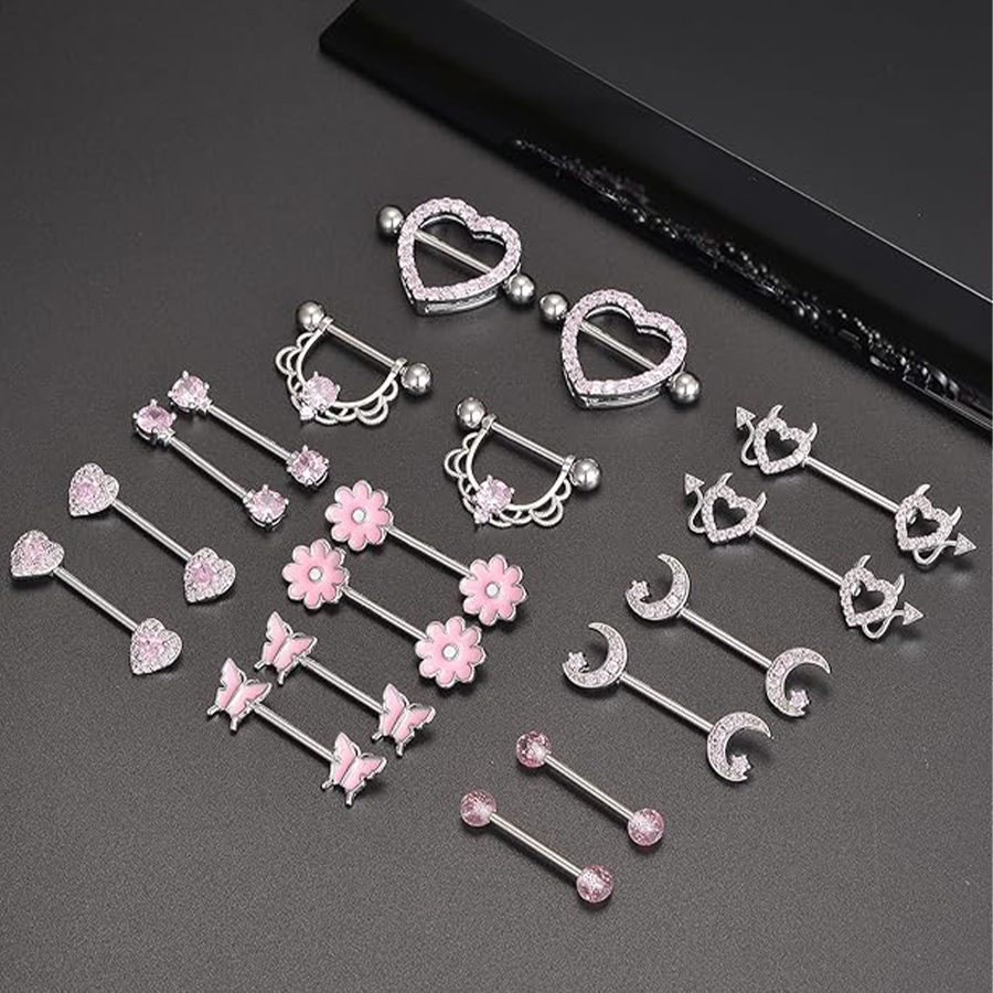 9 Pairs Nipple Rings Stainless Steel Heart Butterfly Moon Flower CZ Barbell Tongue Rings Set Cute Nipplerings Piercing Jewelry for Women Pink Silver T