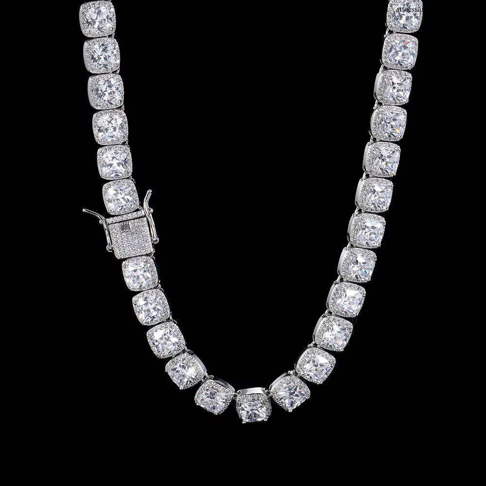 10mm Iced Out Bling Chain Hip Hop Jewelry Men Geometric Square CZ Cluster Tennis Necklace