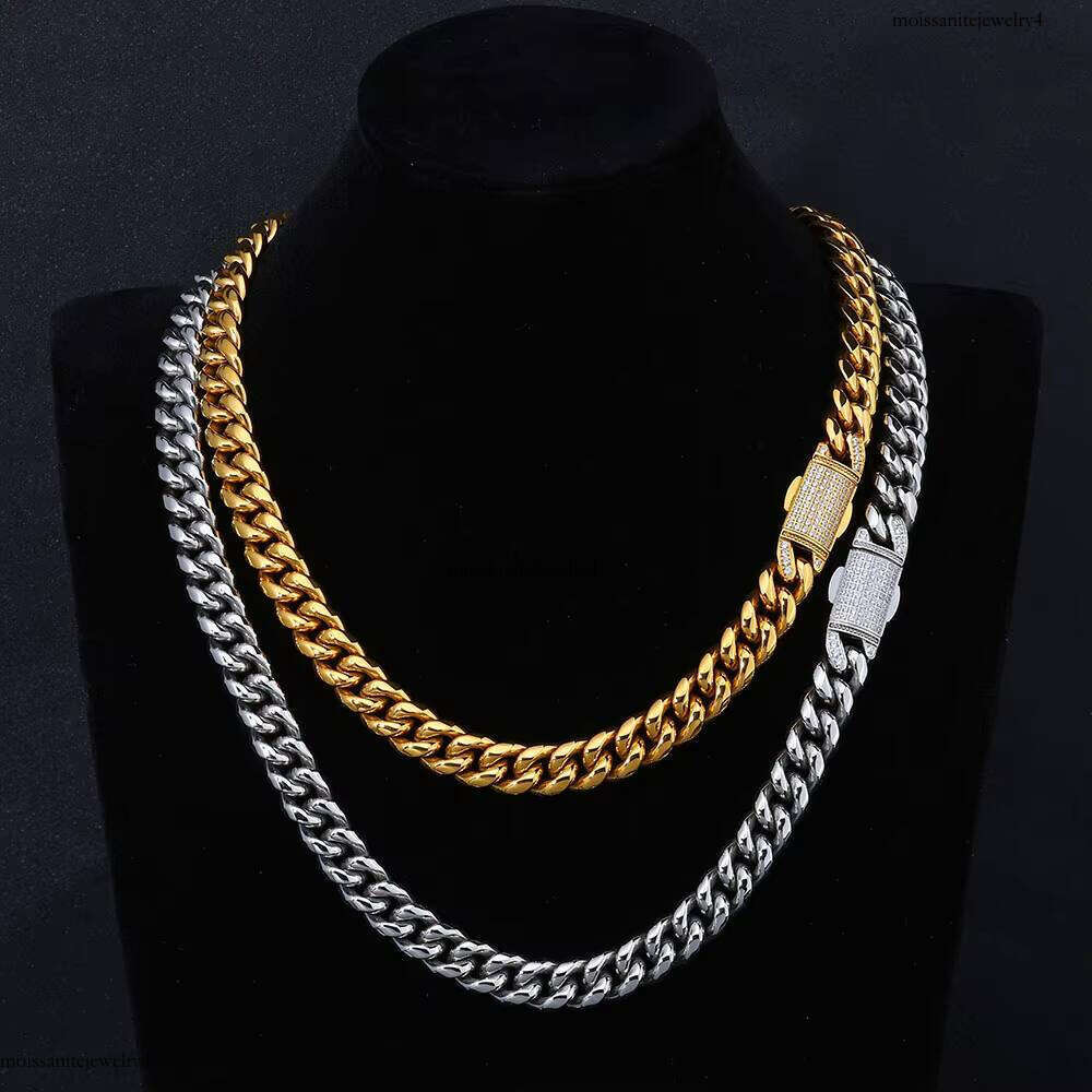 NUOYA Hip Hop Jewelry 12mm Cuban Link Chain Gold Plated Stainless Steel Necklace with Moissanite Dia Clasp for Men Women