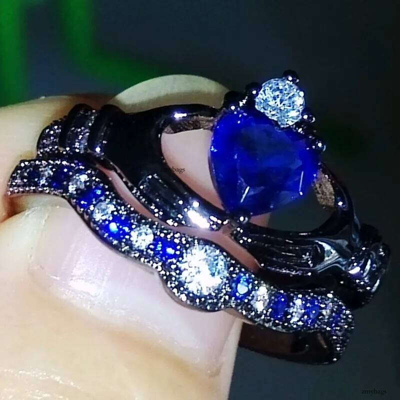 Wholesale Free Shipping Heart Jewelry sterling sier black gold pated Blue Sapphire CZ Dia Wedding Bridal Women Ring Size 5-11