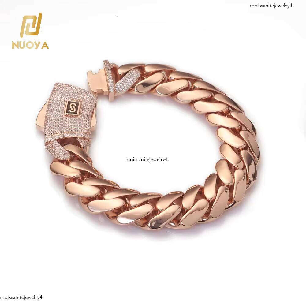 NUOYA Hip Hop Rose Gold Plated Links with Dia Clasp Men's Thick Monaco Cuban Link Chain Bracelet