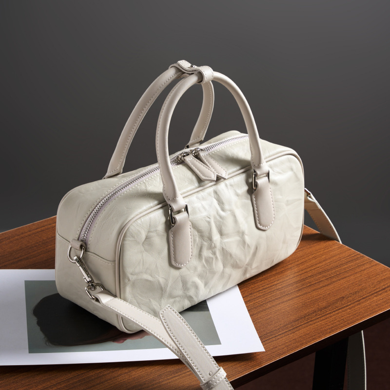 Genuine Leather Women's Autumn Winter New Niche Boston Bowling Handbag Commuter High-End Underarm Crossbody Bag