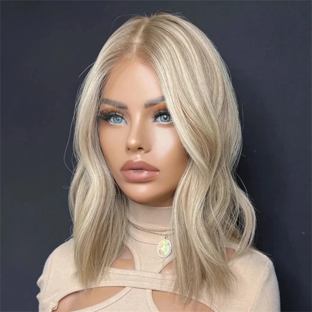 Platinum Ash Blonde Wave Short Lace Front Wig HD Transparent 13x4 Bob Lace Frontal Wigs Wear And Go Preplucked Glueless Wigs Synthetic for Wemon