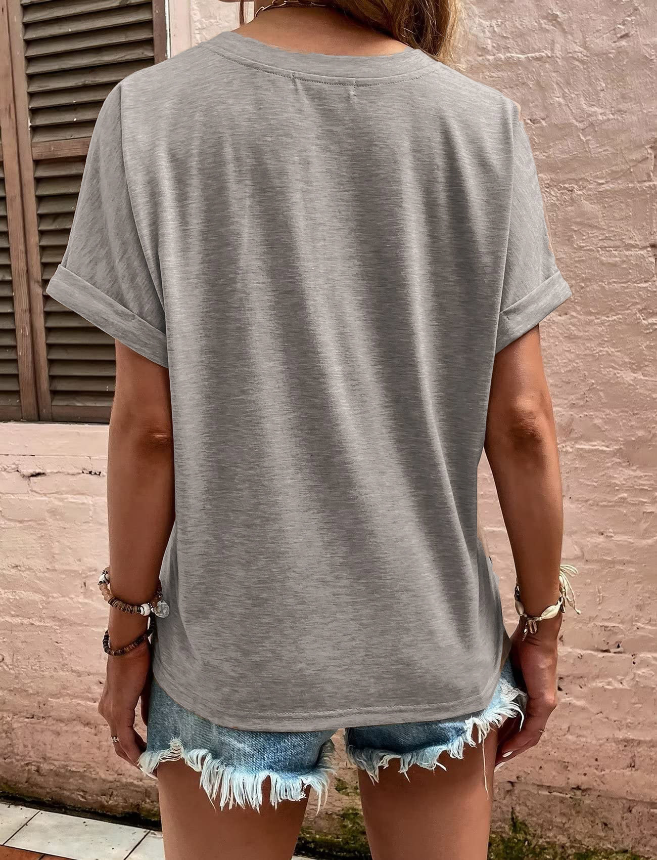 Blue casual style V-neck short-sleeved top