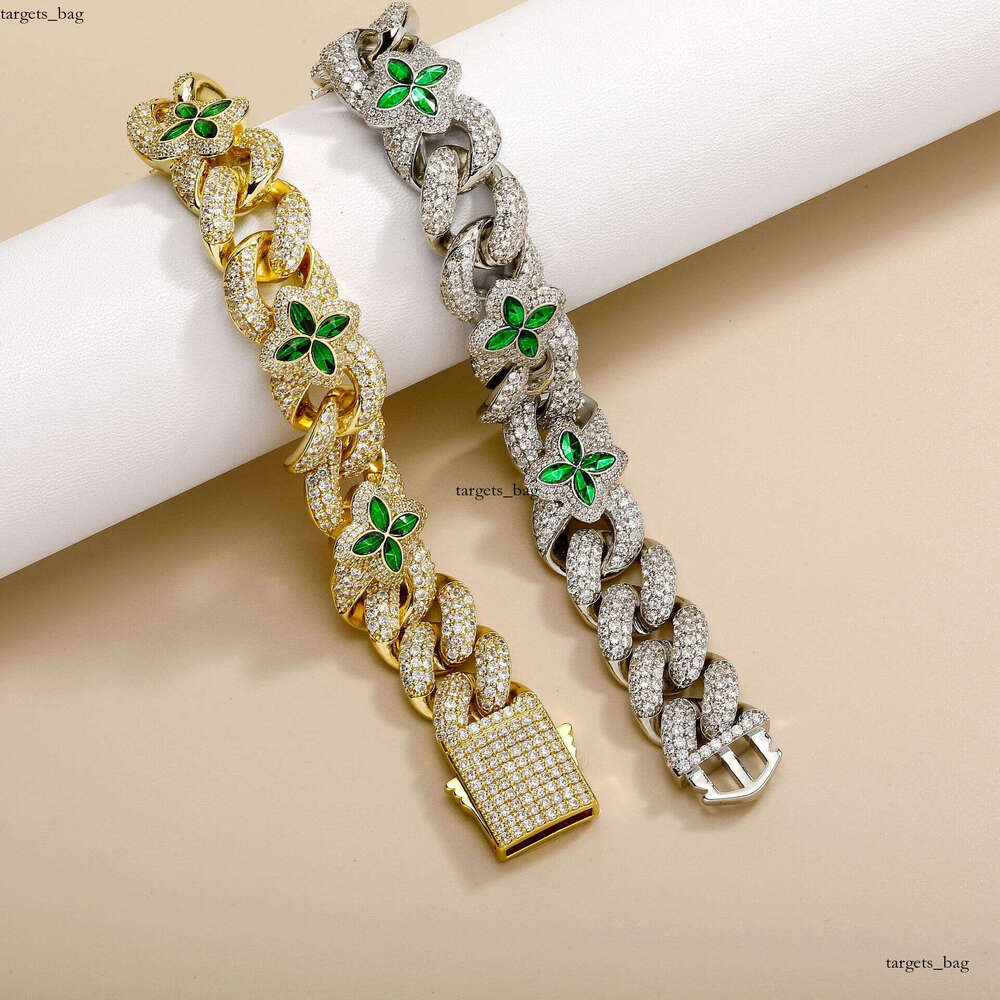 Hip Hop 20mm Four-Leaf Clover Green Personality Cuban Chain Spring Buckle Men's Bracelet