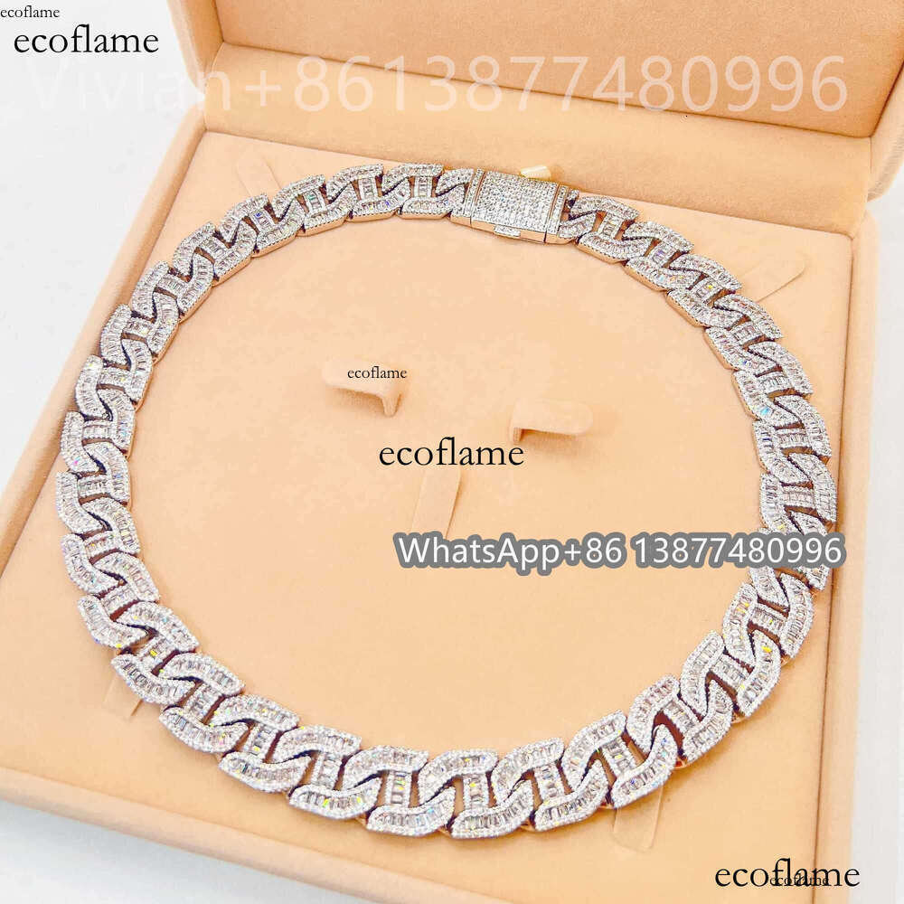 Bling Fine Hip Hop Jewelry Baguette Diamond Men Necklace Sterling Silver Fully VVS Moissanite Luxury Cuban Link Chain