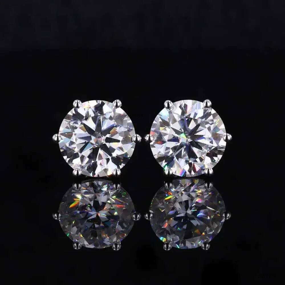 0.5-3ct Round Brilliant Cut Moissanite Solitaire Dia Stud Earrings 6-Prong Set Sier Plated Gold Ear Studs with GRA