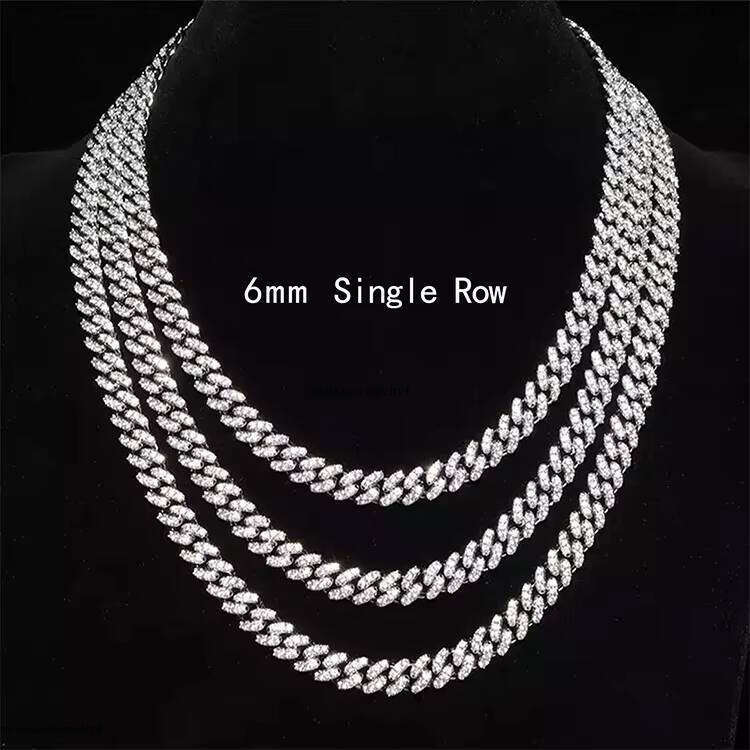 High Quality Hip Hop Iced Out 6mm 10mm Single Row Sier VVS Moissanite Necklace Cuban Link Chain