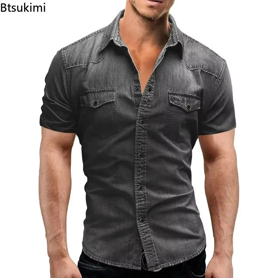 2025 Mens Elastic Slim Denim Shirts High Quality Short Sleeve Casual Cotton Jean Spring Summer Fashion Men Clothing 250805