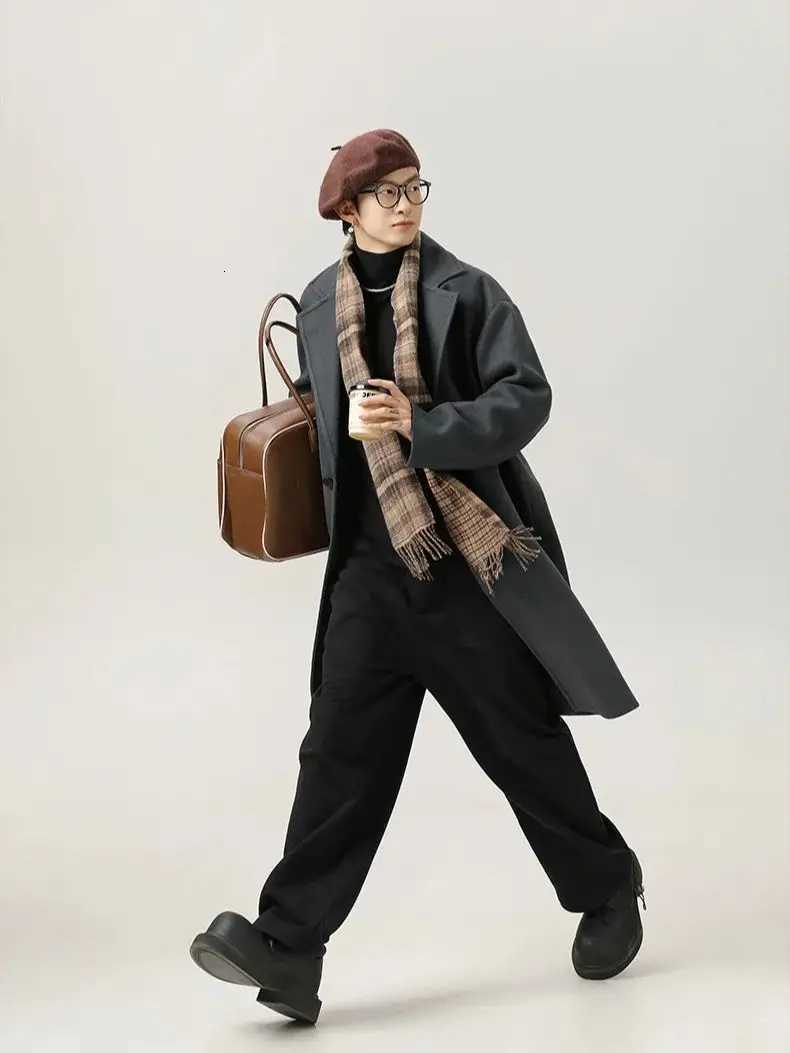 Retro Double-sided Wool Coat Mens Medium-length Knee Tweed Autumn Winter Thickened Suit Wind Coat Jacket Warm Soft XJ250809